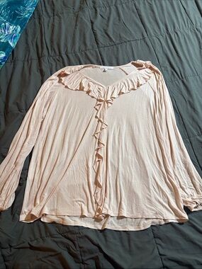 Ruffled V-Neck Long Sleeve Top - Soft Blush